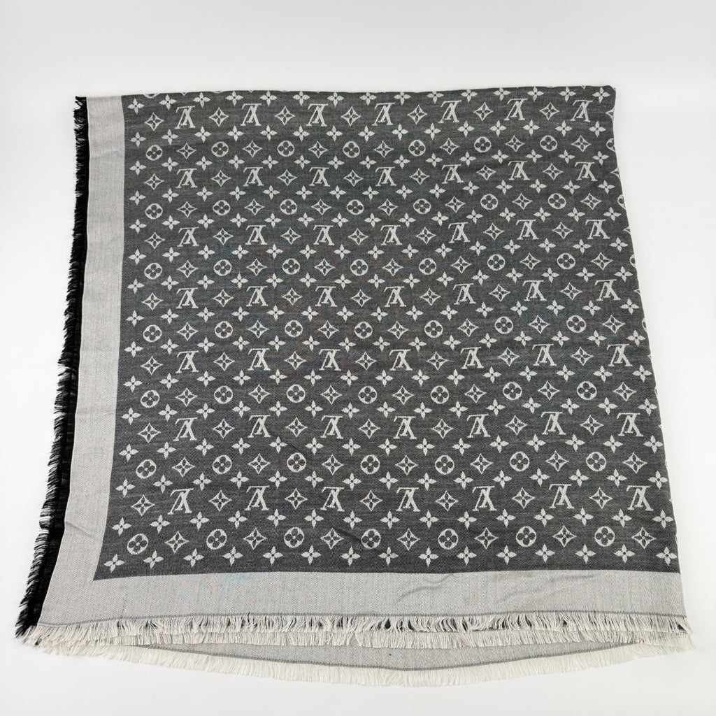 Louis Vuitton Monogram Shaw Silk Black Gray Vintage Scarf — view 4