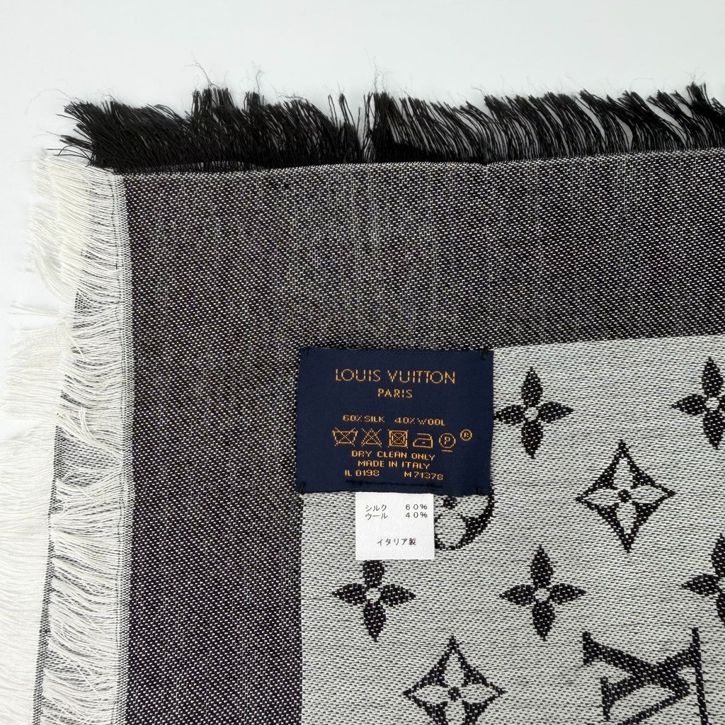 Louis Vuitton Monogram Shaw Silk Black Gray Vintage Scarf — view 9