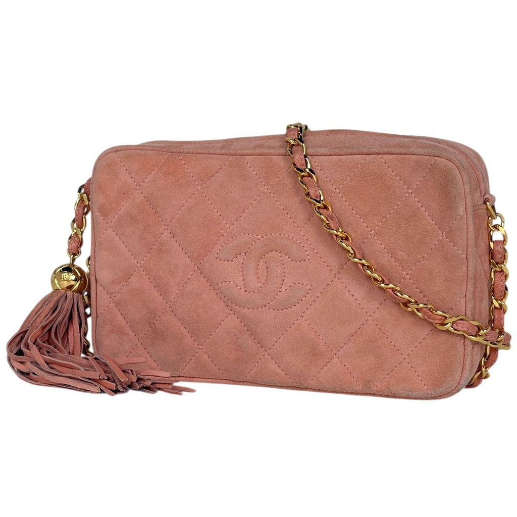Chanel CC Logo Che Shoulder Bag Quilted Suede Pink