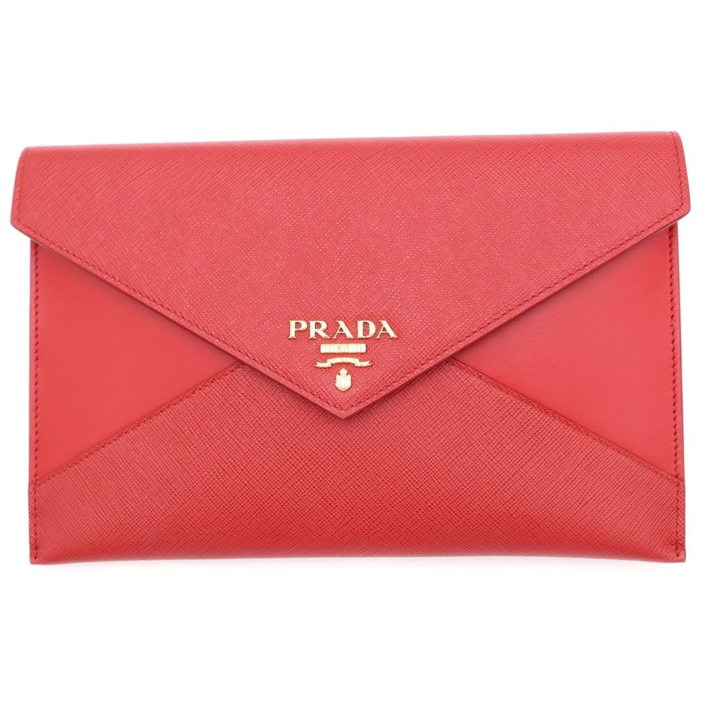 Prada Letter Clutch Back Second Fourco Red Leather Gold