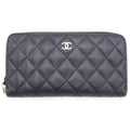 Chanel Quilted Zip Around Wallet Card Case Black Caviar Leather Silver