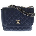 Chanel Quilted Lambskin Leather Chain Shoulder Bag Navy Gold