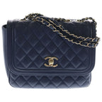 Chanel Quilted Lambskin Leather Chain Shoulder Bag Navy Gold