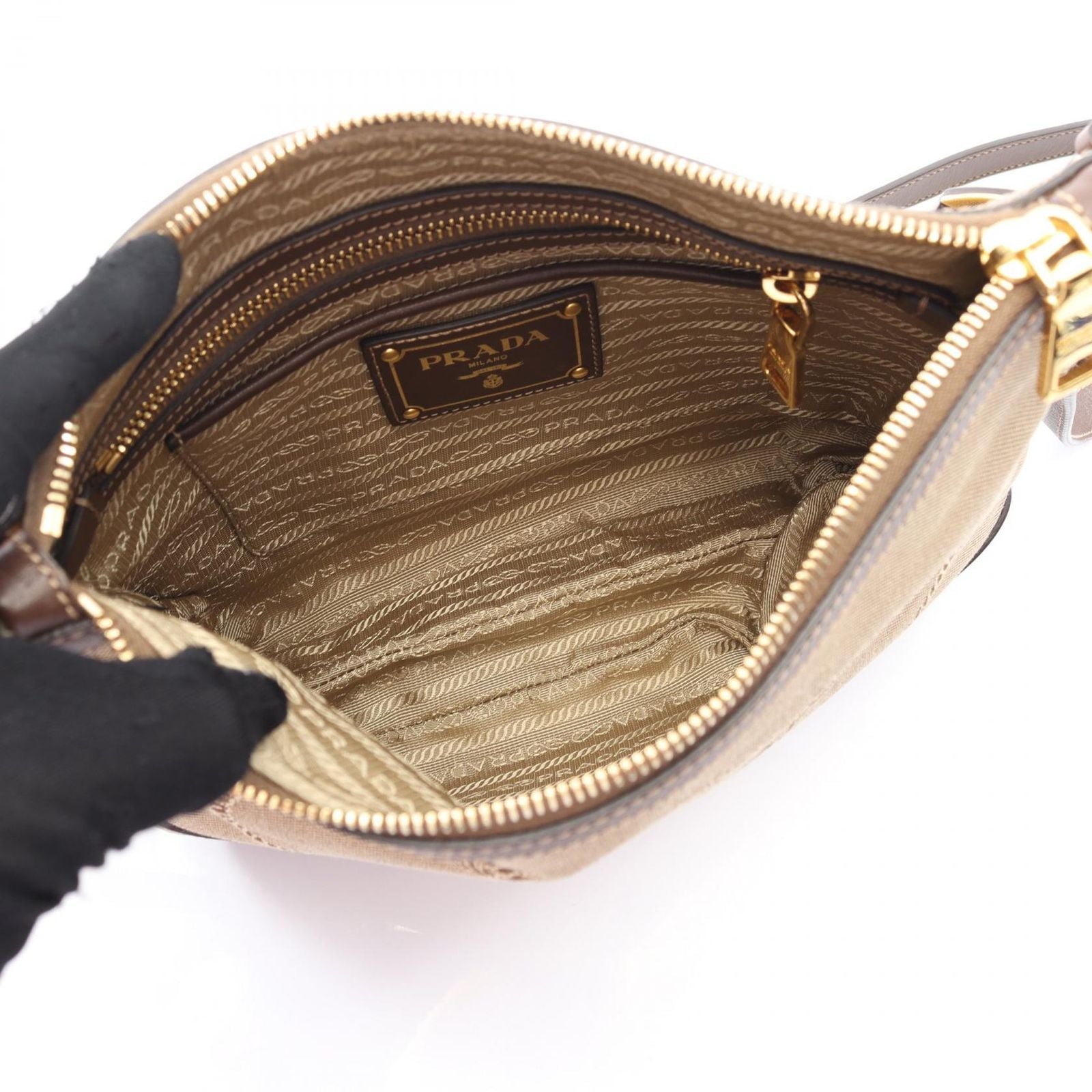 Prada Lada Shoulder Bag Logo Jacquard Beige Brown Canvas Leather — view 3