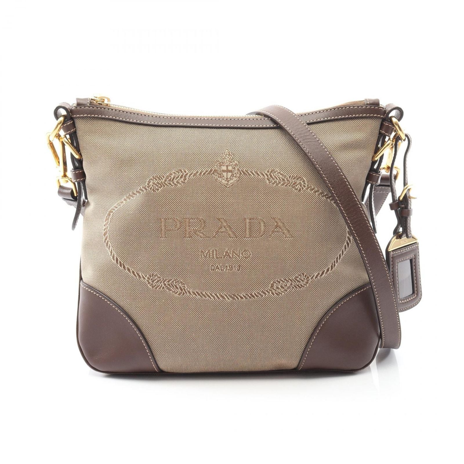 Prada Lada Shoulder Bag Logo Jacquard Beige Brown Canvas Leather