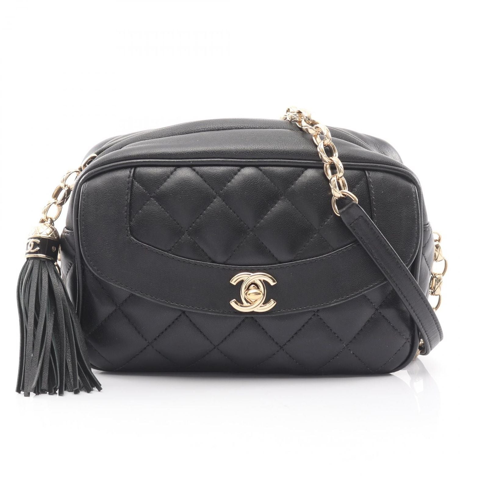 Chanel Shoulder Bag Diana Flap Quilted Black Lambskin Fringe Mini Che on