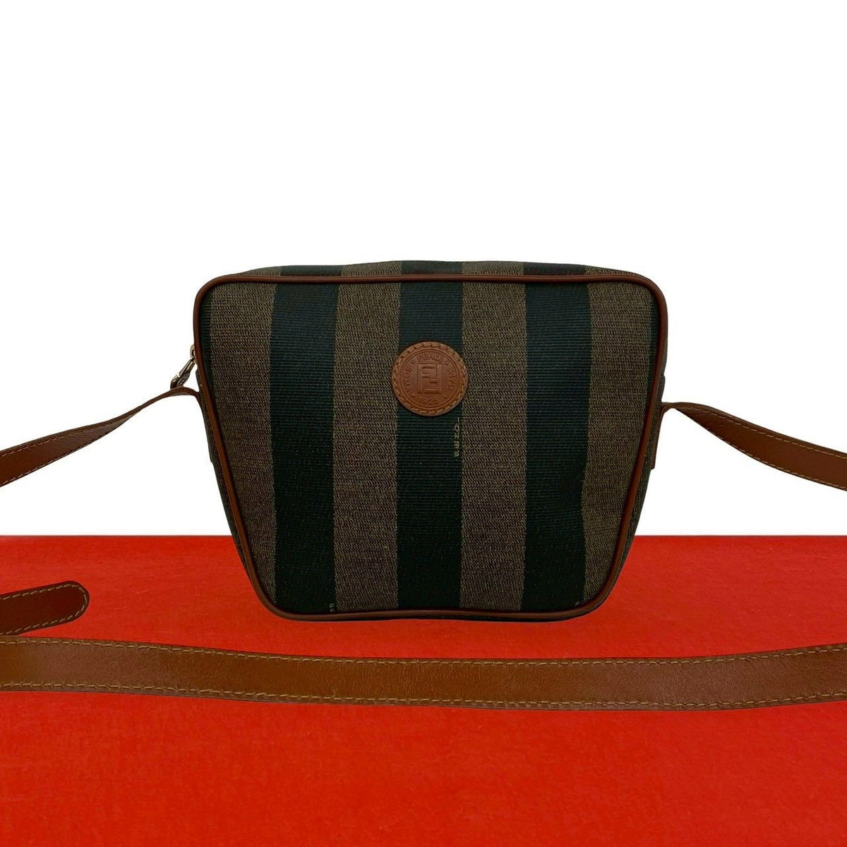 Fendi Pecan Pattern FF Logo Leather Shoulder Bag Pochette Crossbody Khaki Black