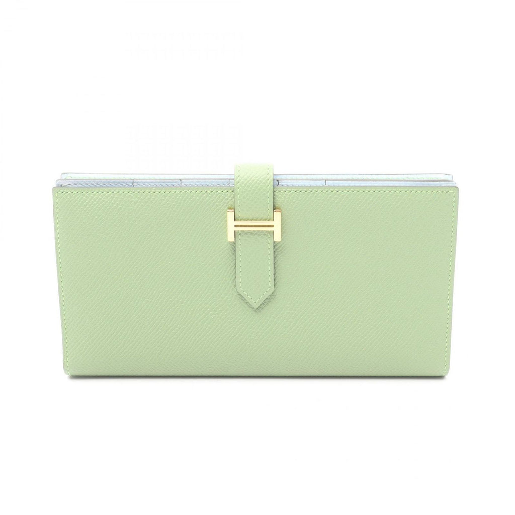 Hermes Bifold Wallet Bearn Souffle Verso CC Vert Cricket Blue Brum Leather