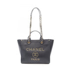 Chanel Tote Deauville Navy Leather Logo Studded