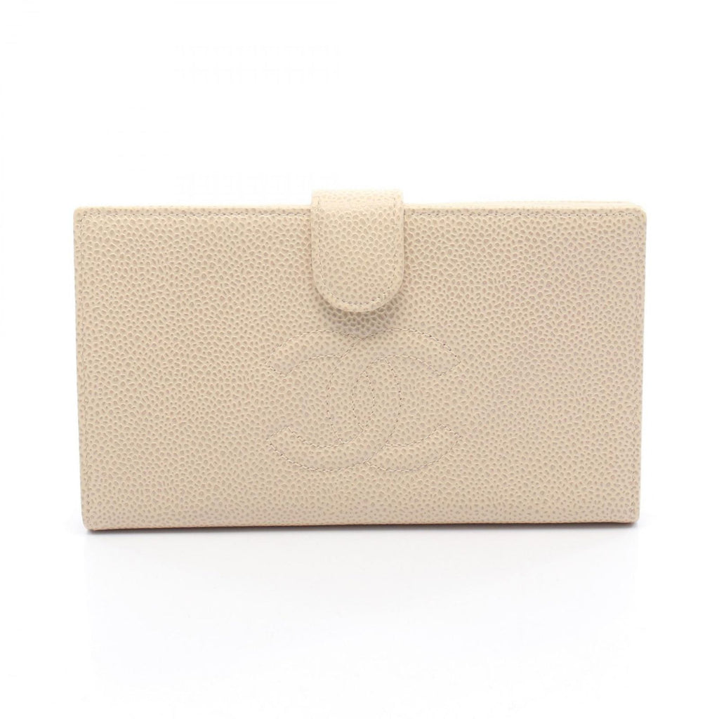 Chanel Bifold Wallet CC Logo Ivory Caviar Leather Clasp