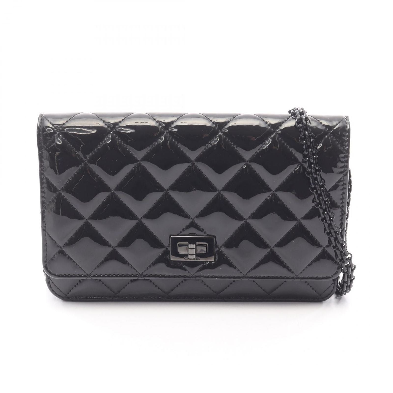 Chanel Shoulder Bag 2.55 Quilted Black Patent Leather Chain Wallet