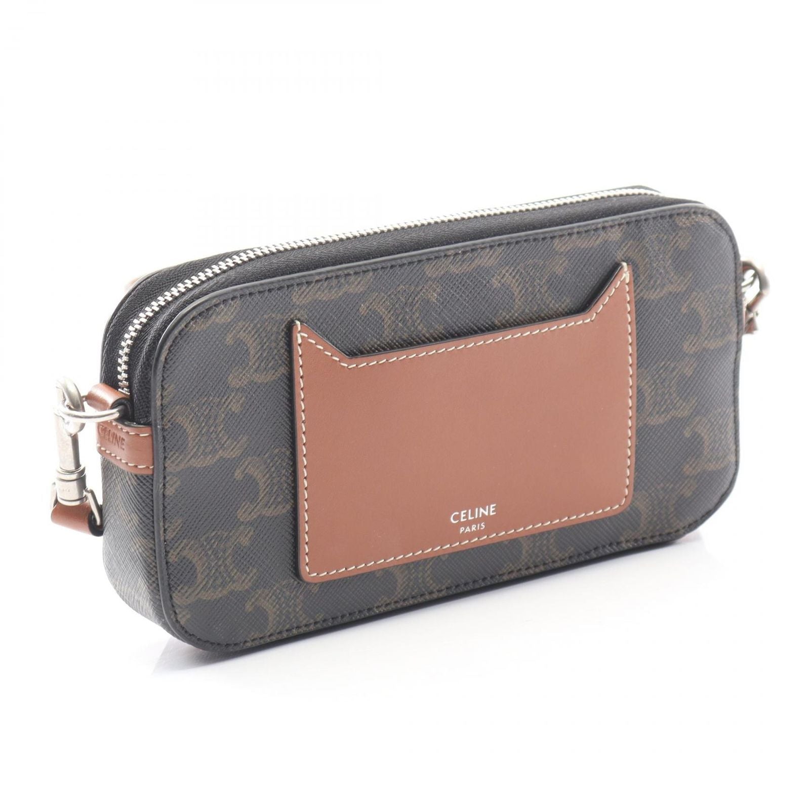 Celine Shoulder Bag Triomphe Horizontal Pouch Black Brown Canvas Leather — view 2