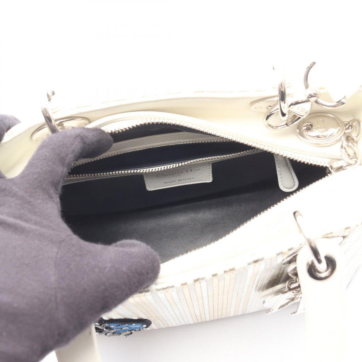 Dior Handbag Lady Dior 2-Way White Gold Silver Leather Tote — view 3