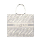 Dior Tote Book Large Oblique Embroidery White Gray Canvas