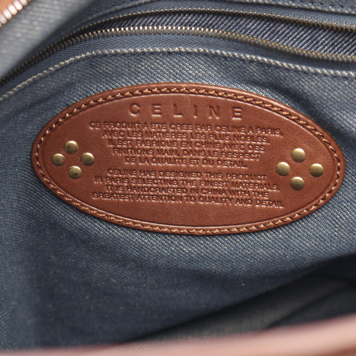 Celine Tote Paris Macadam Brown Beige Blue Denim Leather Hand — view 4