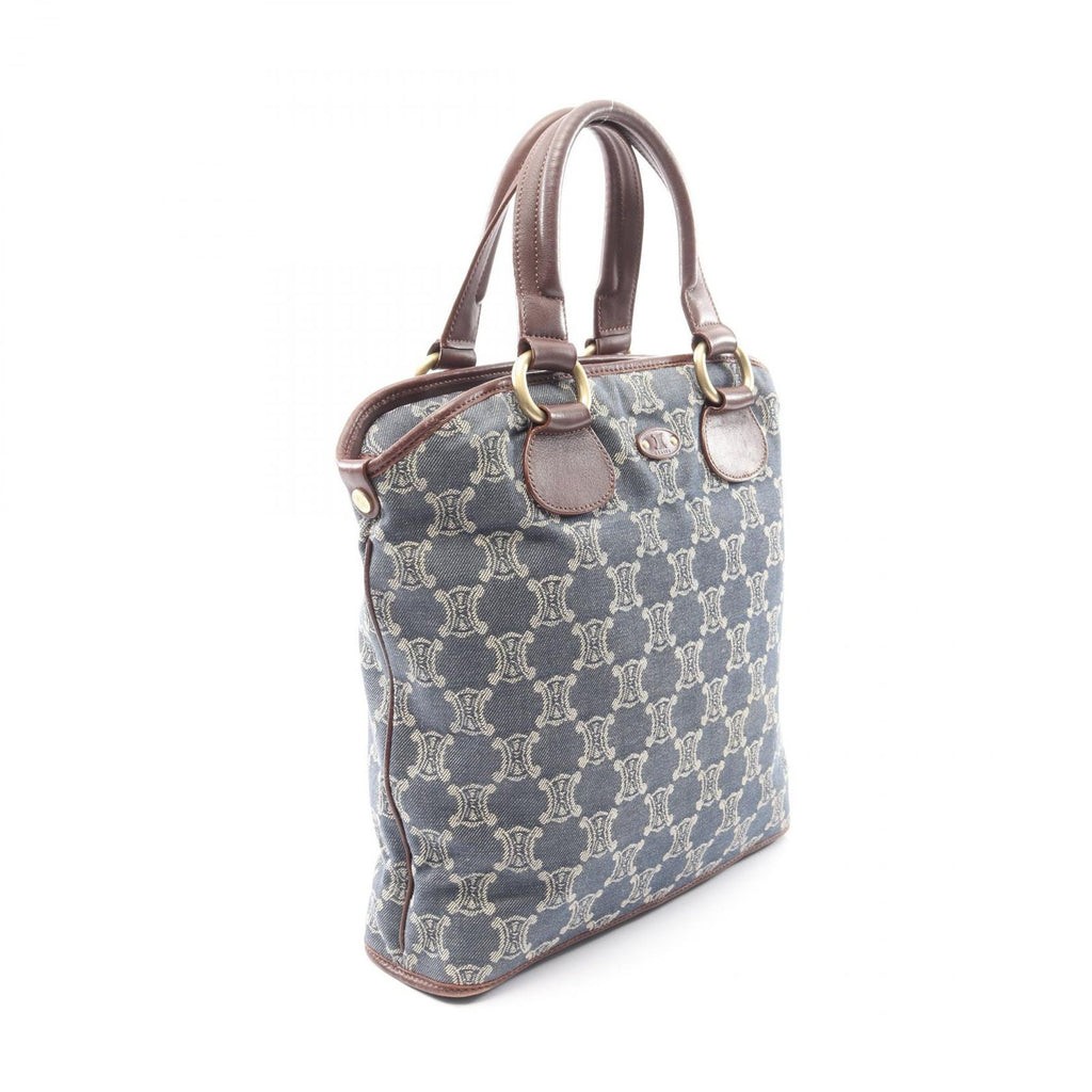 Celine Tote Paris Macadam Brown Beige Blue Denim Leather Hand — view 2