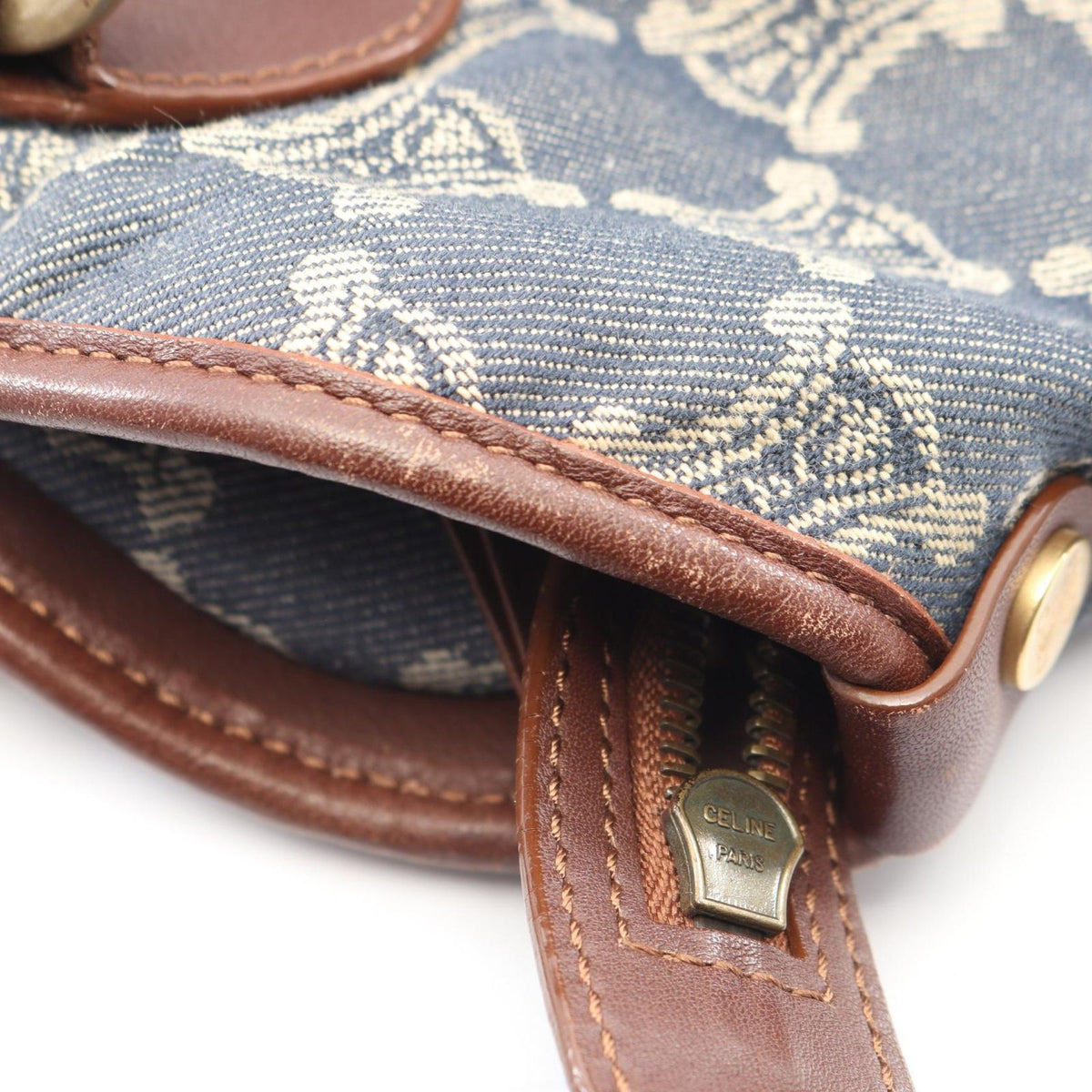 Celine Tote Paris Macadam Brown Beige Blue Denim Leather Hand — view 6