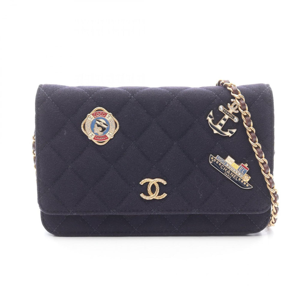 Chanel Shoulder Bag Quilted Marine Charm Navy Wool Leather Chain Wallet