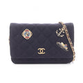 Chanel Shoulder Bag Quilted Marine Charm Navy Wool Leather Chain Wallet
