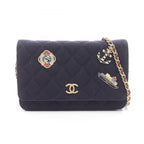 Chanel Shoulder Bag Quilted Marine Charm Navy Wool Leather Chain Wallet