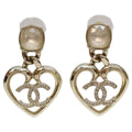 Chanel Gold CC Logo Heart Rhinestone Earrings