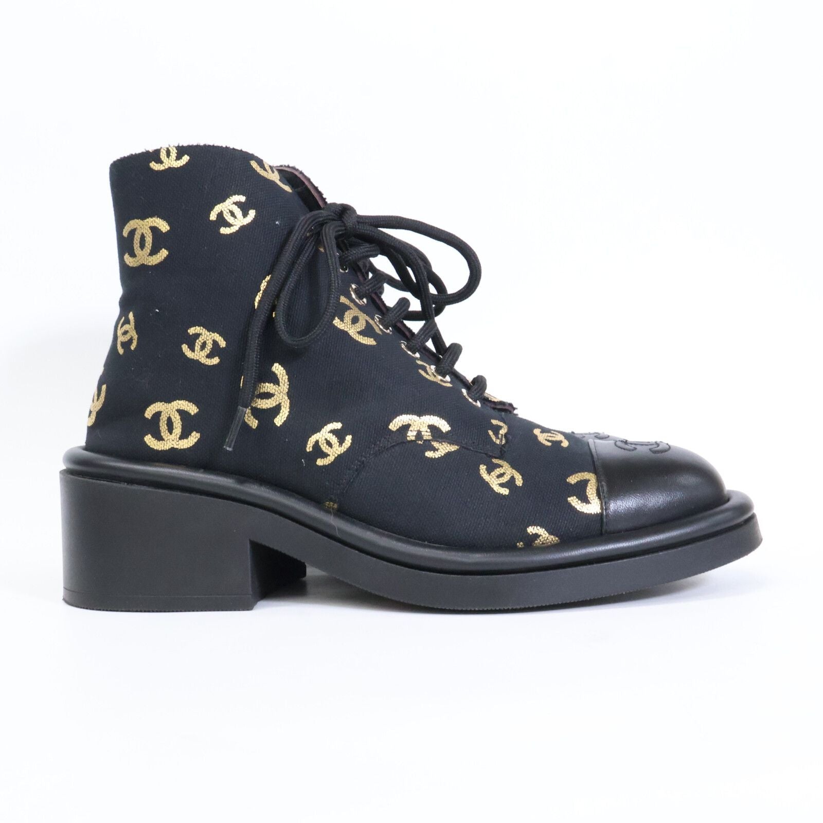 Chanel CC Logo Print Canvas Back Boa Short Boots 36c — view 4