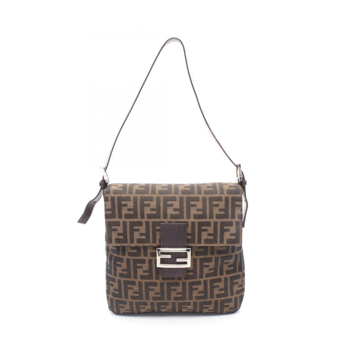 Fendi Shoulder Bag Zucca Black Brown Canvas Leather