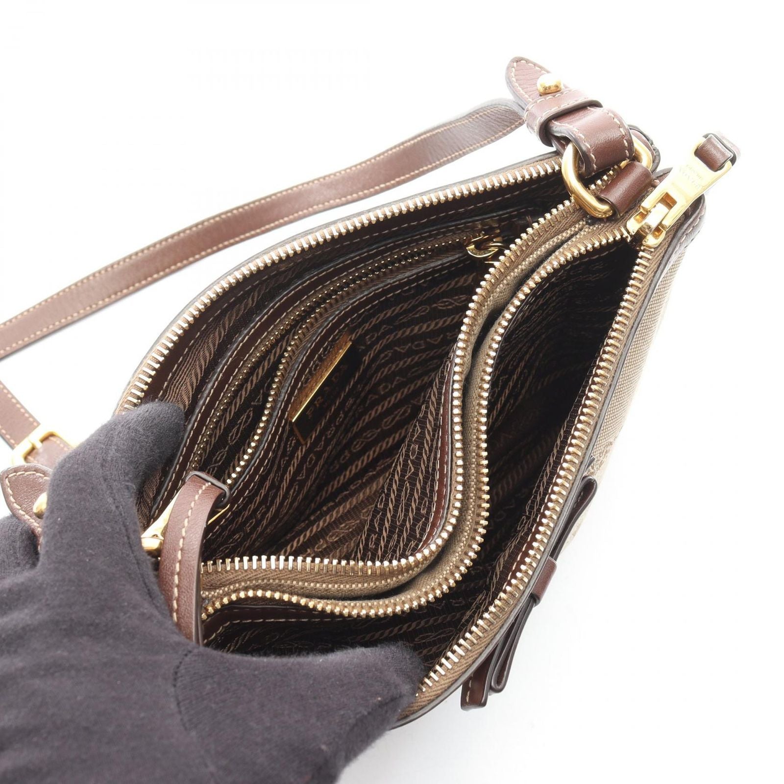 Prada Shoulder Bag Logo Jacquard Beige Brown Canvas Leather — view 3