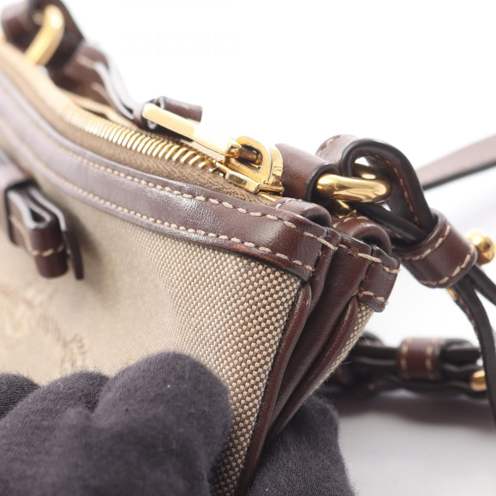 Prada Shoulder Bag Logo Jacquard Beige Brown Canvas Leather — view 5
