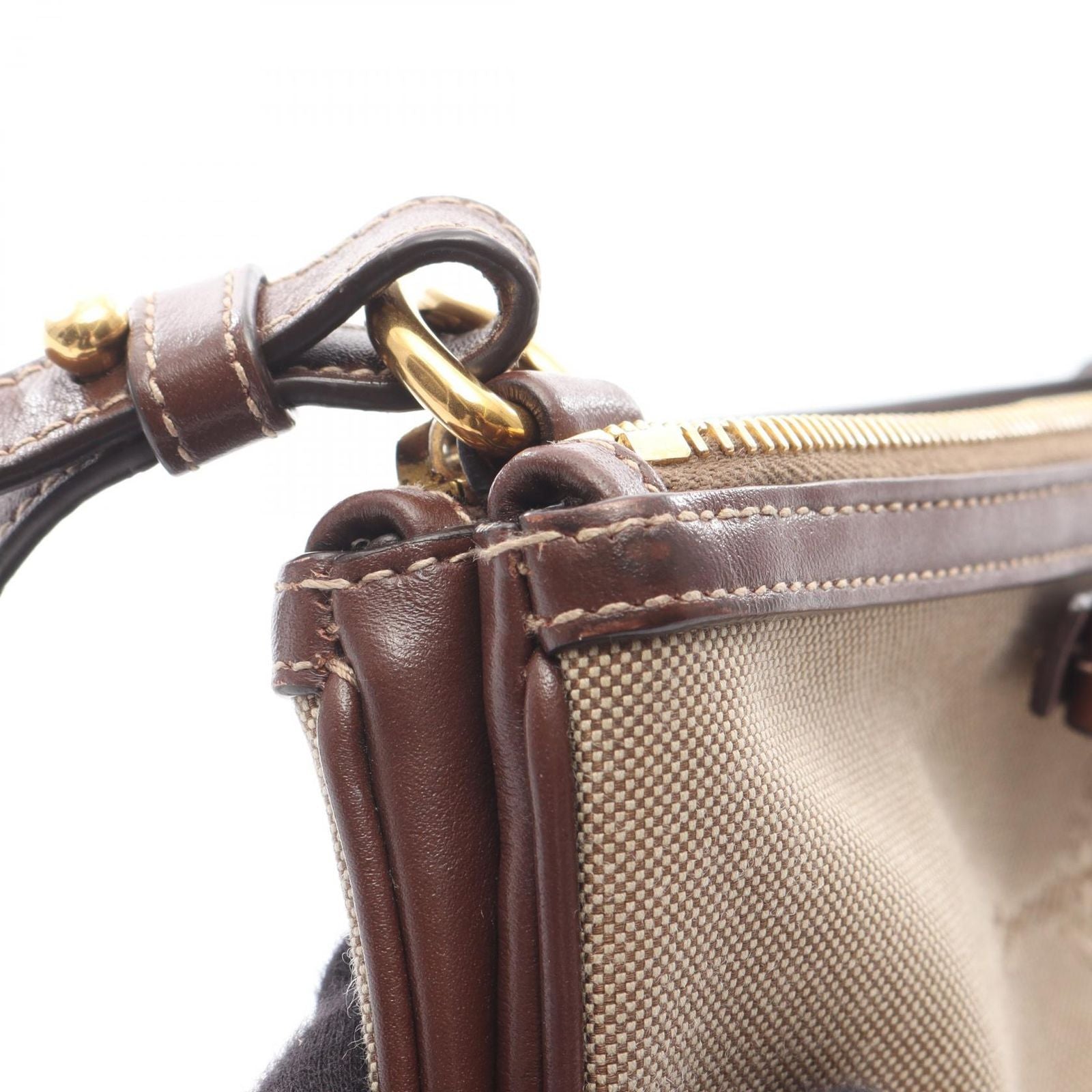 Prada Shoulder Bag Logo Jacquard Beige Brown Canvas Leather — view 6