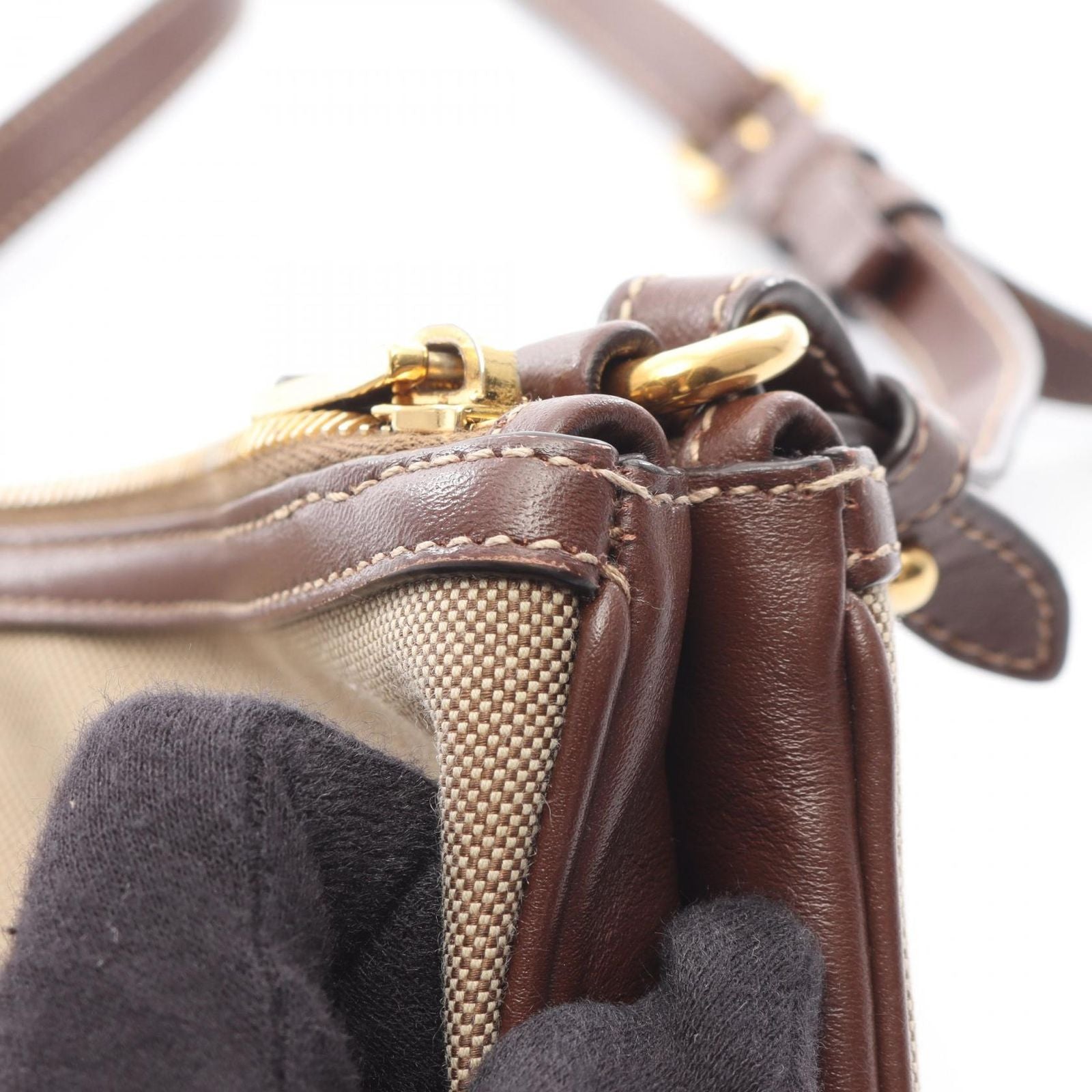 Prada Shoulder Bag Logo Jacquard Beige Brown Canvas Leather — view 7