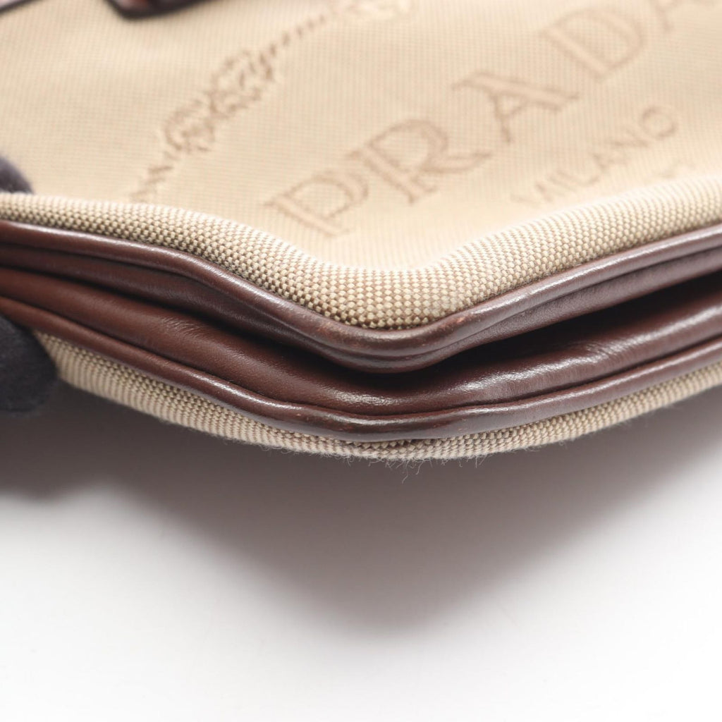 Prada Shoulder Bag Logo Jacquard Beige Brown Canvas Leather — view 8