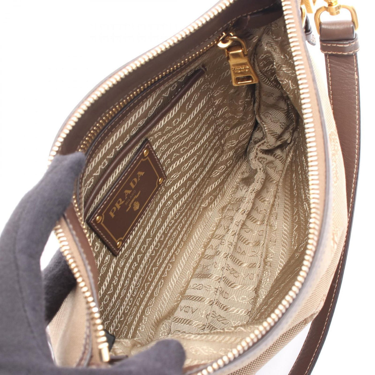 Prada Shoulder Bag Logo Jacquard Beige Brown Canvas Leather — view 3