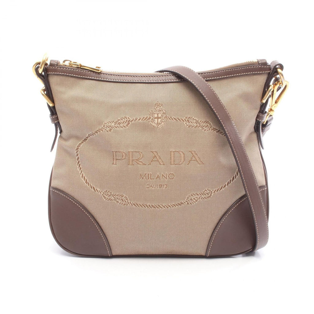 Prada Shoulder Bag Logo Jacquard Beige Brown Canvas Leather