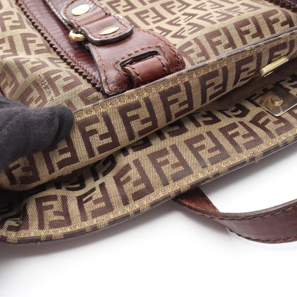 Fendi Tote Zucchino Beige Dark Brown Canvas Leather — view 8