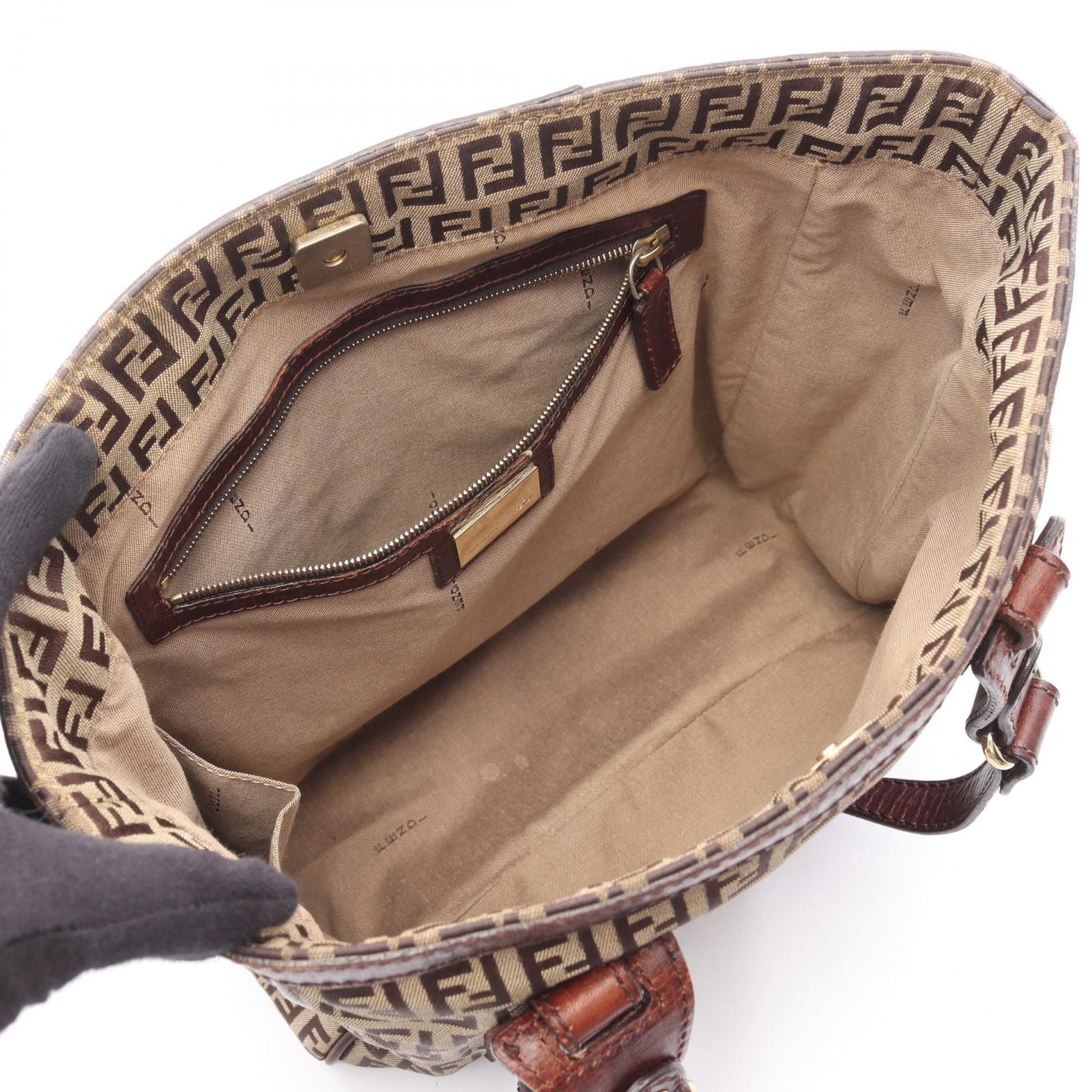 Fendi Tote Zucchino Beige Dark Brown Canvas Leather — view 3