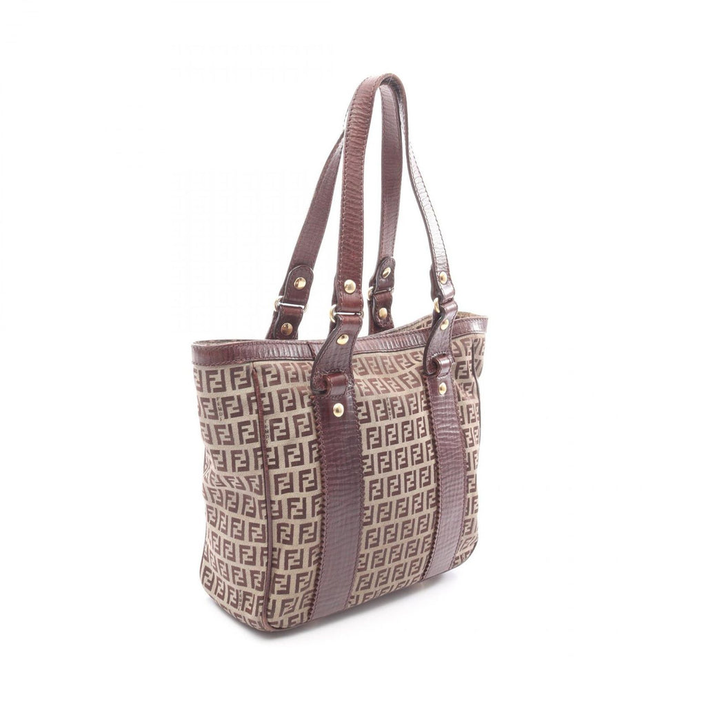 Fendi Tote Zucchino Beige Dark Brown Canvas Leather — view 2