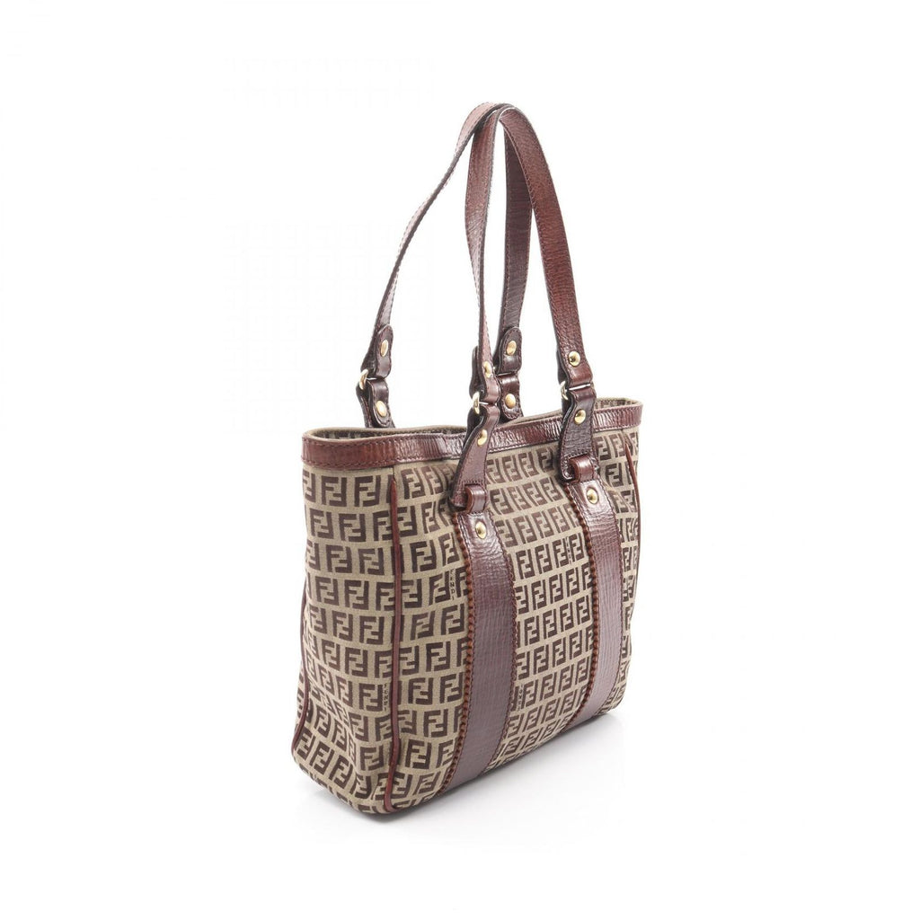 Fendi Tote Zucchino Beige Brown Canvas Leather — view 2