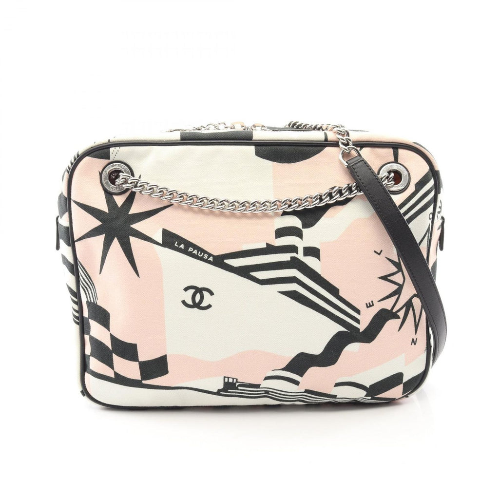 Chanel Shoulder Bag Pausa Lapausa Cruz Line White Light Pink Canvas Leather