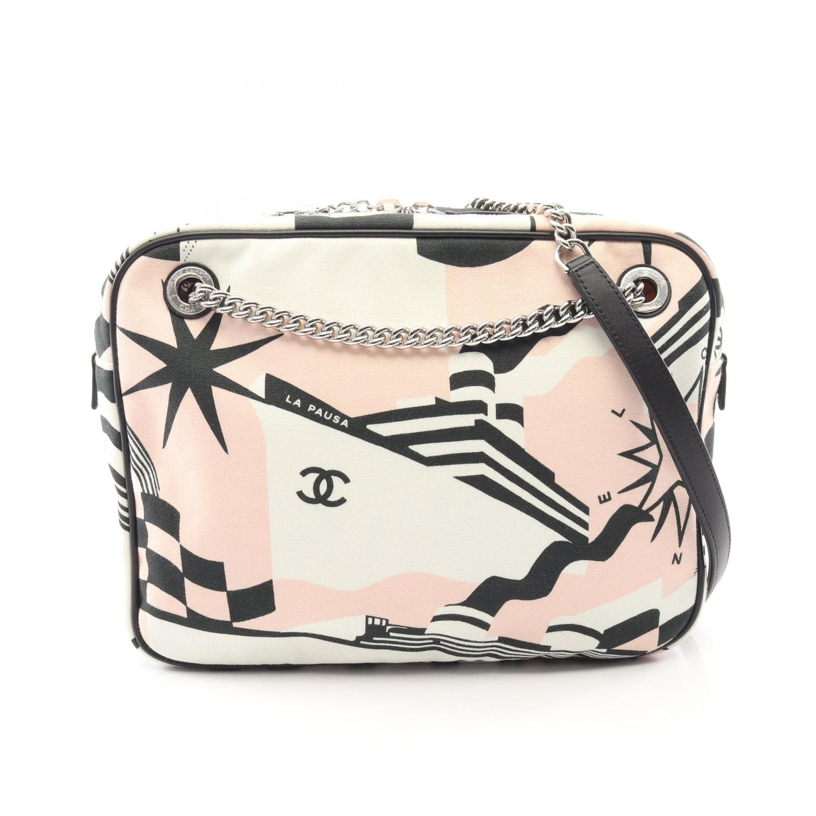 Chanel Shoulder Bag Pausa Lapausa Cruz Line White Light Pink Canvas Leather