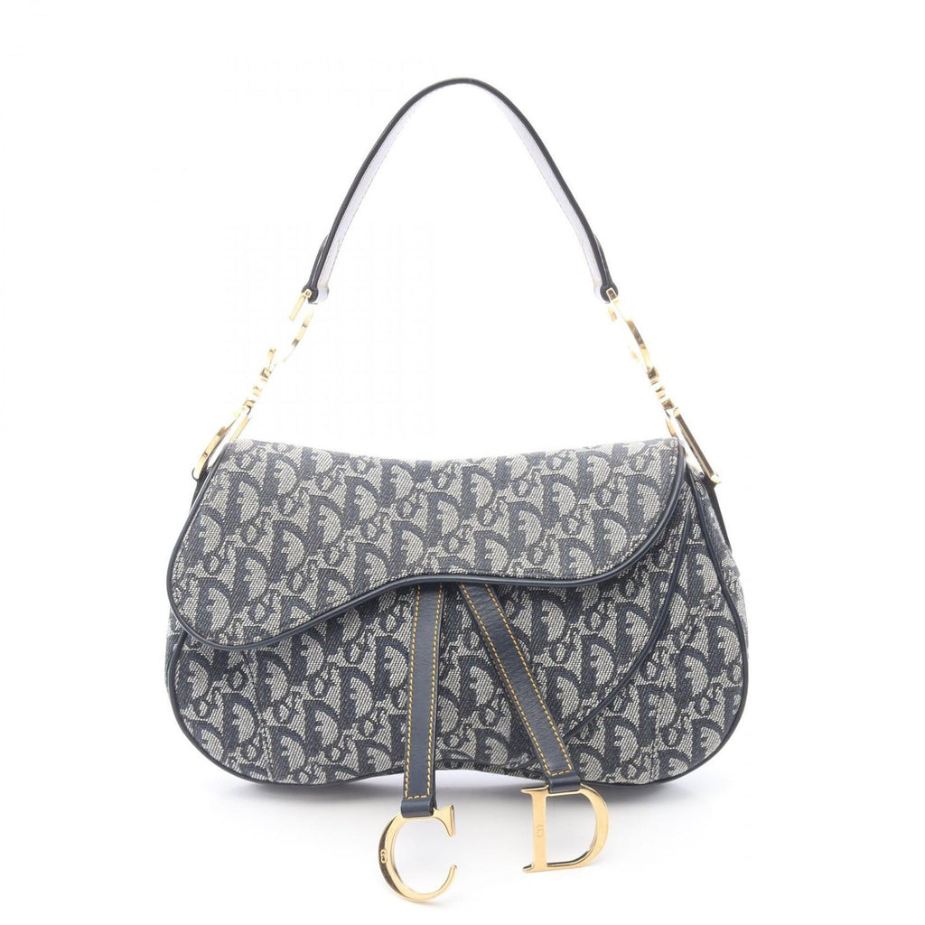 Dior Double Saddle Bag Trotter Beige Navy Canvas Leather