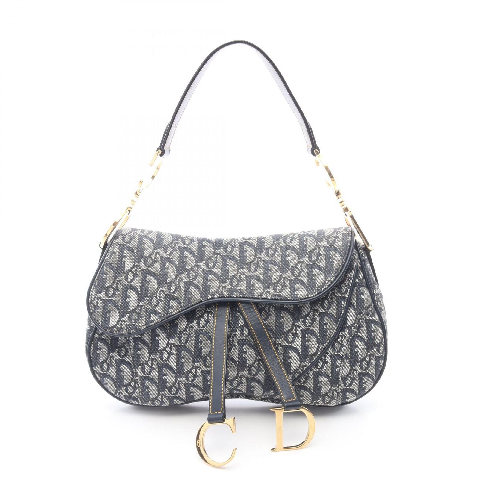 Dior Double Saddle Bag Trotter Beige Navy Canvas Leather