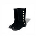 Chanel Boots Long Shoes Suede Patent Black CC Logo Pearl Snap Button Middle