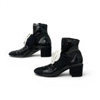 Chanel Boots Short Shoes Patent Fabric Black White Camellia Ribbon CC Logo — view 3