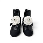 Chanel Boots Short Shoes Patent Fabric Black White Camellia Ribbon CC Logo — view 2