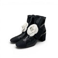 Chanel Boots Short Shoes Patent Fabric Black White Camellia Ribbon CC Logo