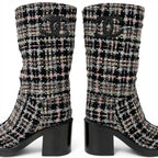 Chanel Boots Long Shoes Tweed Leather Black Multicolor CC Logo — view 8