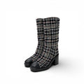 Chanel Boots Long Shoes Tweed Leather Black Multicolor CC Logo