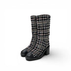 Chanel Boots Long Shoes Tweed Leather Black Multicolor CC Logo