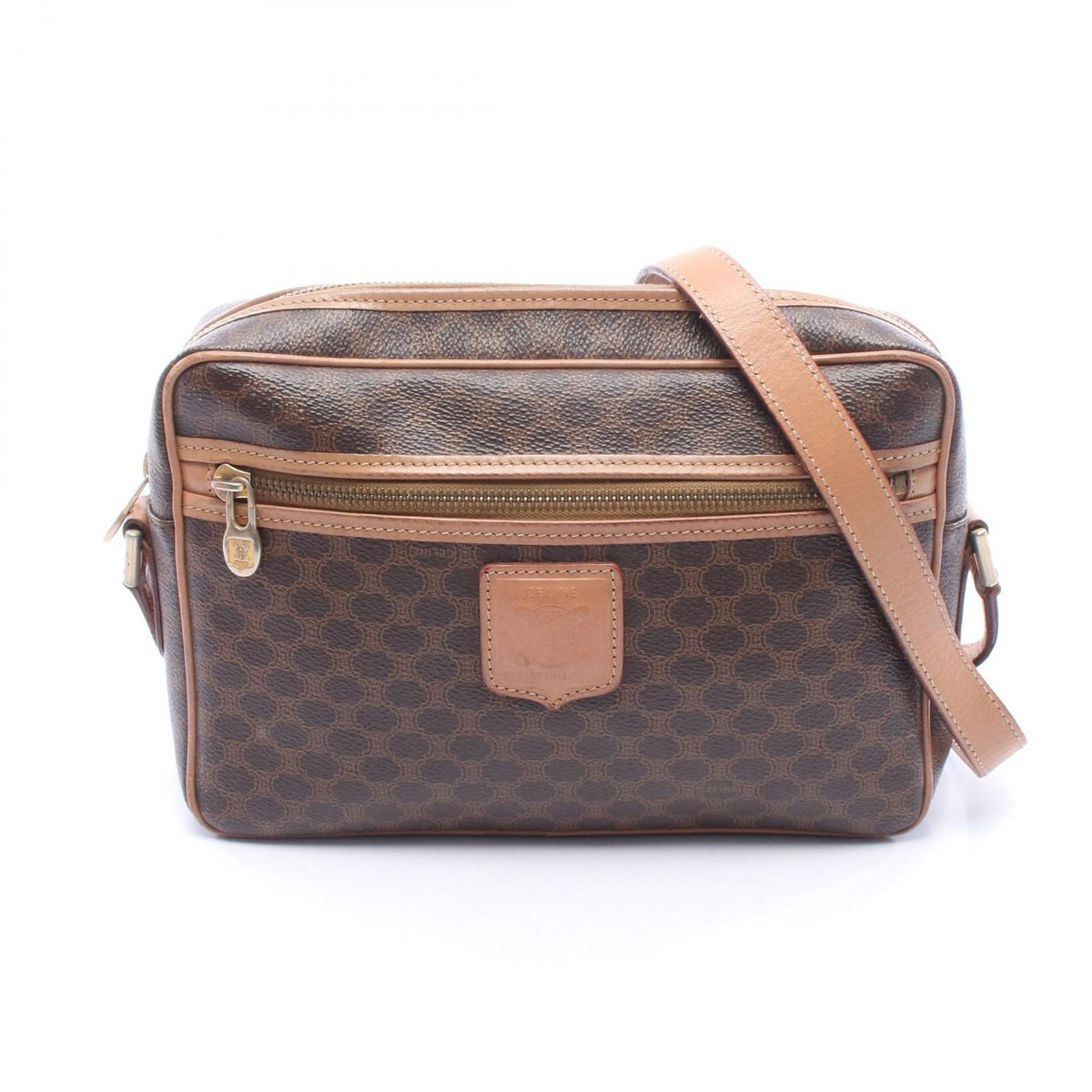 Celine Shoulder Bag Macadam Dark Brown Canvas Leather